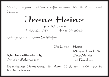Traueranzeige von Irene Heinz von Pegnitz-Zeitung